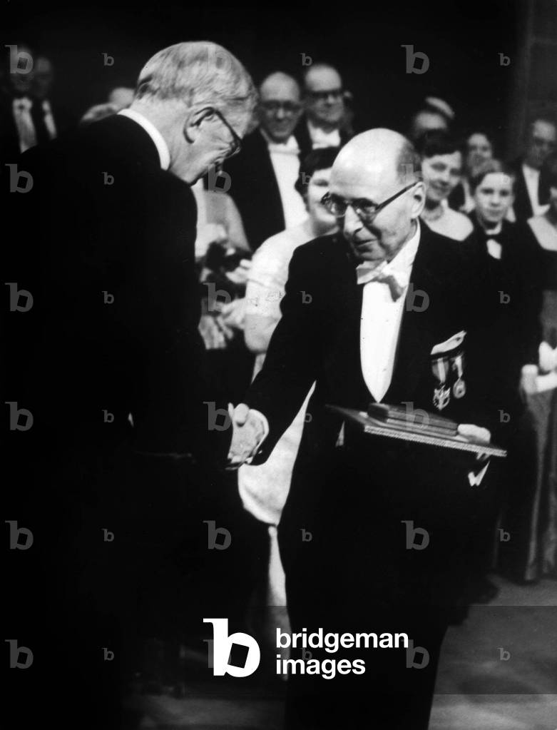 Eugene Paul Wigner (1902-1994) American physicist receiving Nobel Prize in 1963 from King  Gustaf VI Adolf