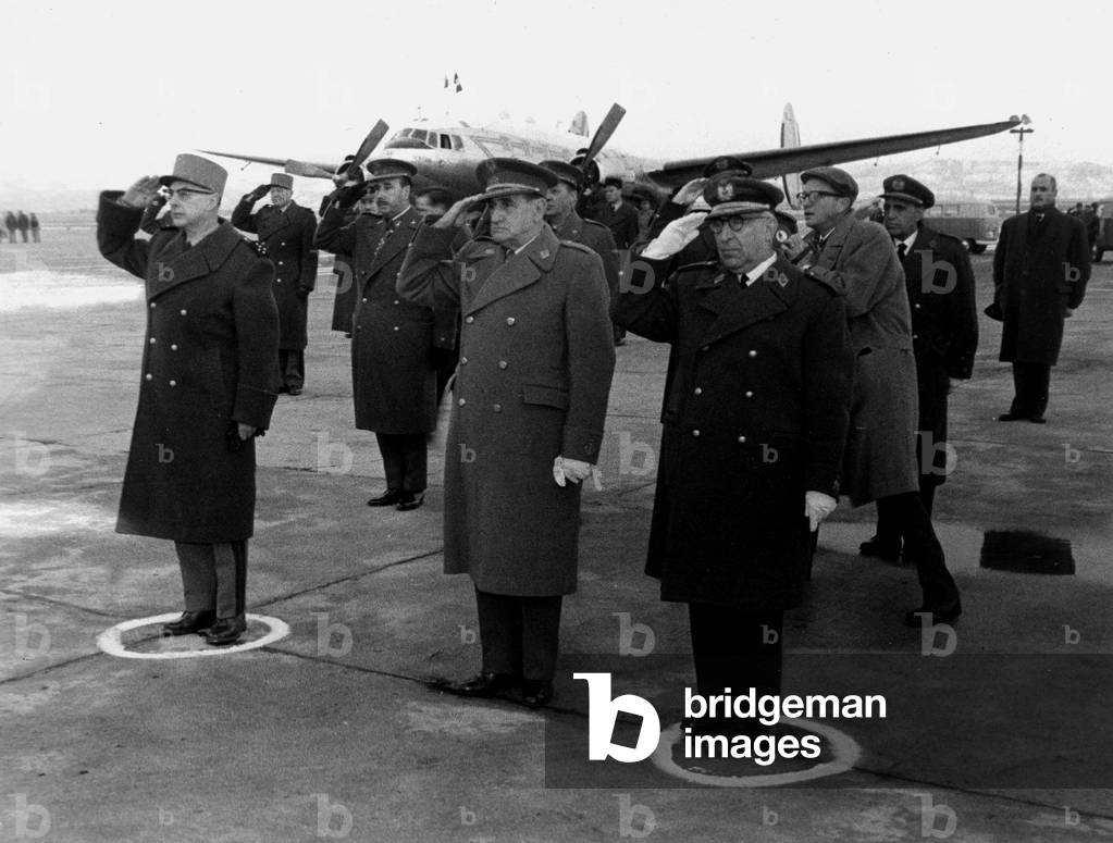 85815PL General Ailleret in Madrid welcomed by Captain Munoz Grandes and the French Ambassador to Madrid and other Spanish staff at Barajas Airport on 3 February 1963
