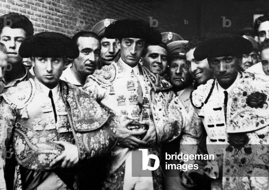 l-r : toreadors Pepin Martin Vazquez, Manuel Rodriguez Sanchez aka Manolete and Gutanillo de Juana on August 28, 1947 in Linares (Andalousia). Manolete (1917-1947) was the most famous toreador in Spain known for dangerous cape passes