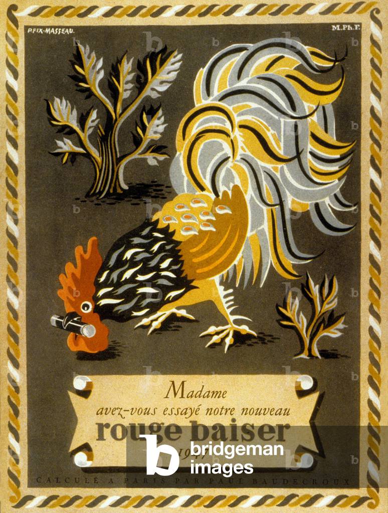 French advertisement for Rouge baiser lipstick, 1947 (colour litho)