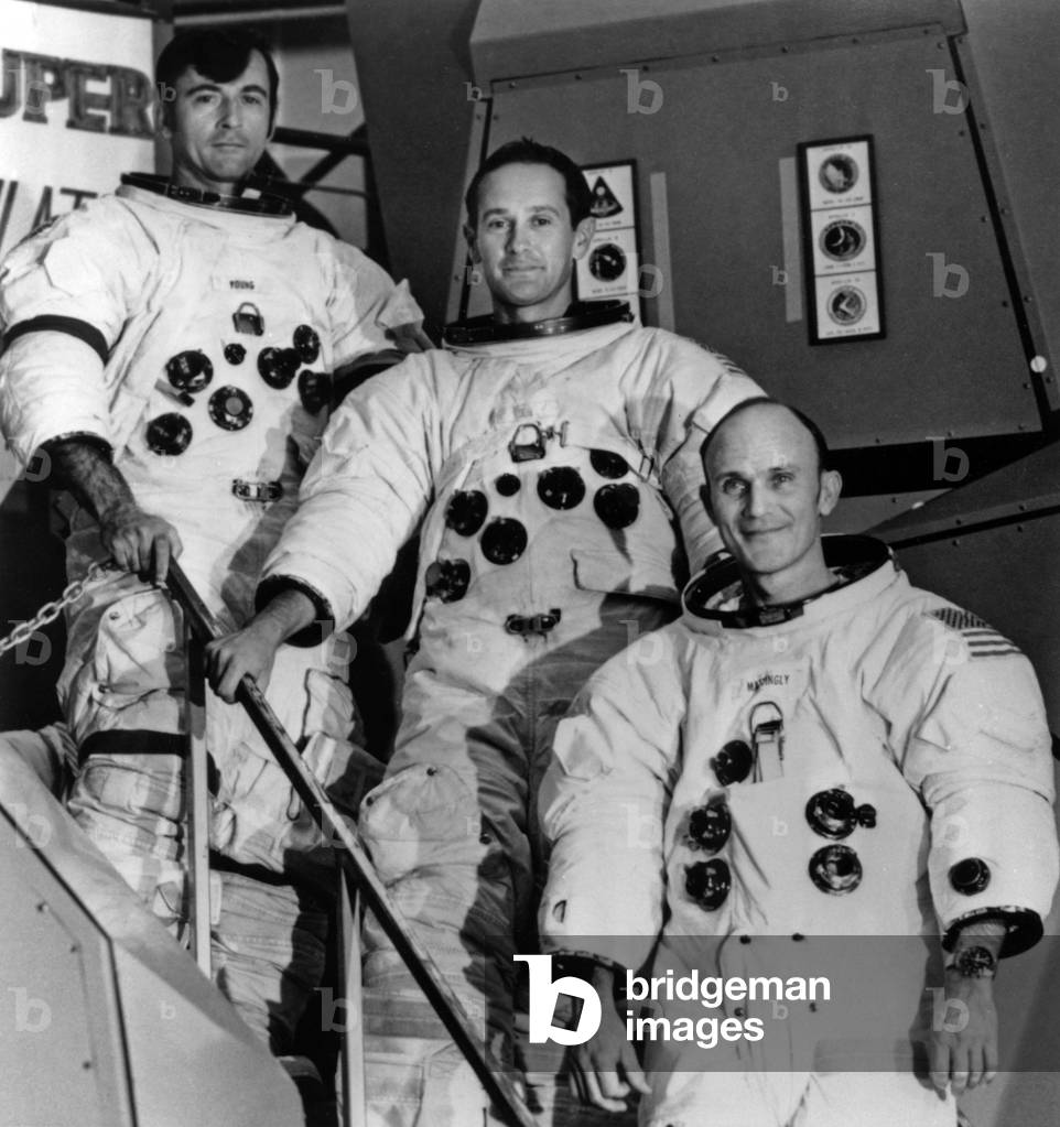 The three Astronauts Designated for Appollo's Next Mission 16 John Young (Crew Commander) Charles Duke (Module Pilot) and Tom Mattingly (Module Commander) here before their scheduled departure for April 16, 1972 in the USA Neh: A69599PL