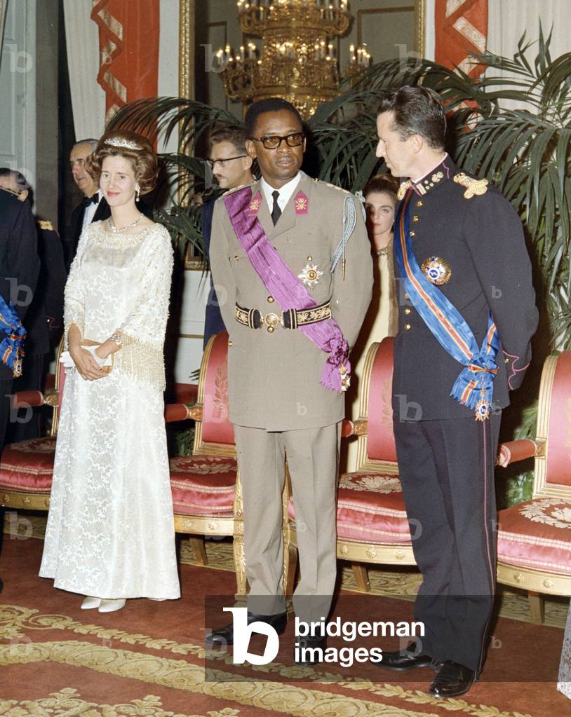 General Joseph Desire Mobutu, President of Congo Kinshasa, with belgium King  Baudouin Ist and Queen Fabiola at Bruxelles royal palace, on November 3, 1969