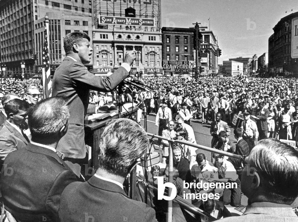 Senator John Kennedy democratic party candidate for the American presidency addresses a labor day rally in Cadillac Square in Detroit, Michigan, September 5, 1960 during Presidential campaign