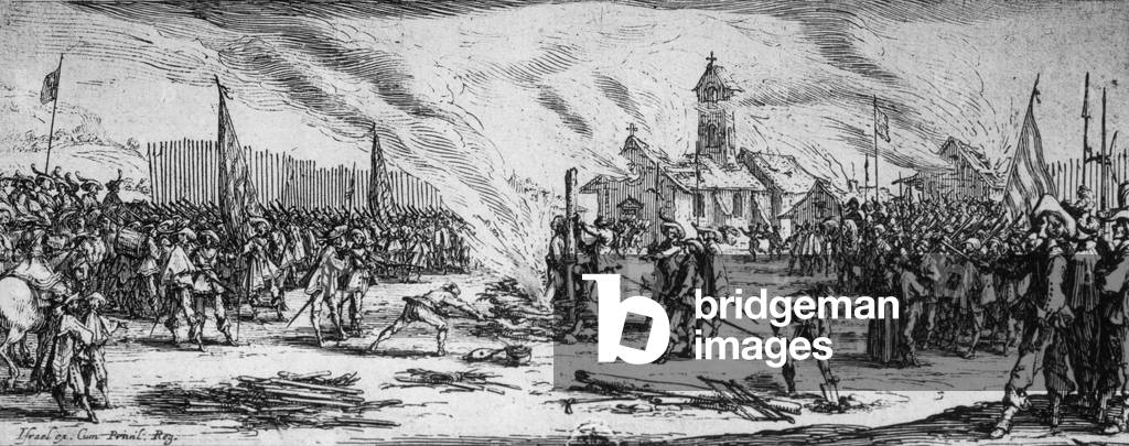 Les Grandes Miseres de la guerre (The Great Miseries of War), engraving by Jacques Callot (1633) : the stake