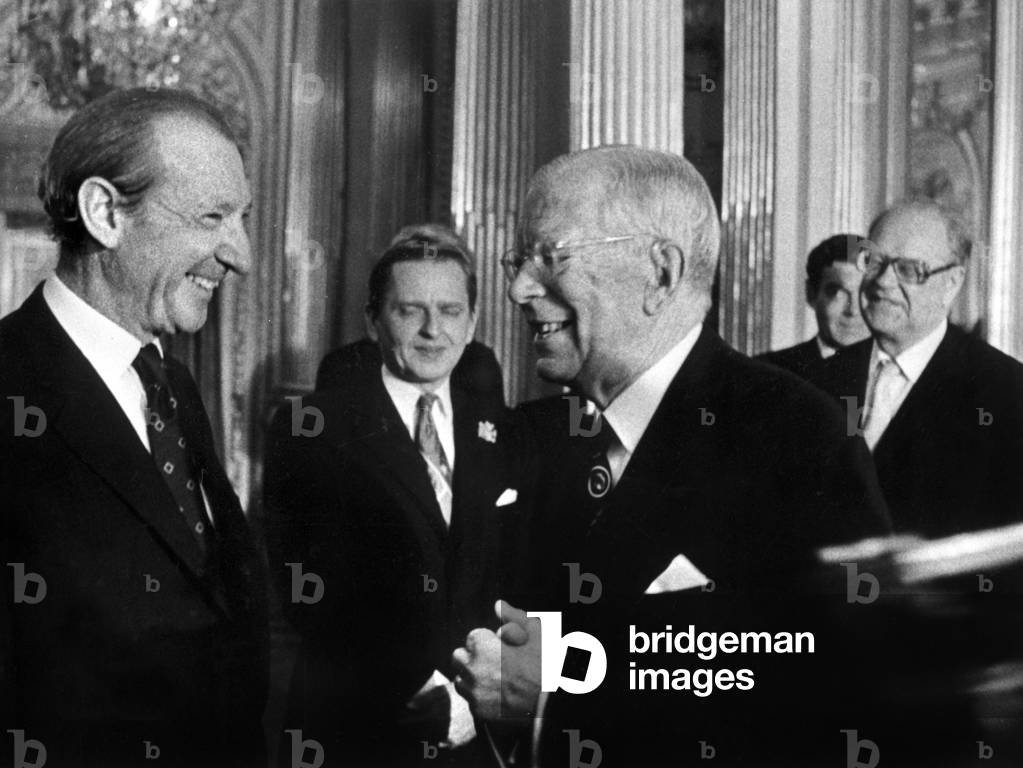 UN Conference on the Human Environment in Stockholm : l-r :Kurt Waldheim, Olof Palme, King  Gustav VI Adolf and Tage Erlander, 12th June 1972 (b/w photo)