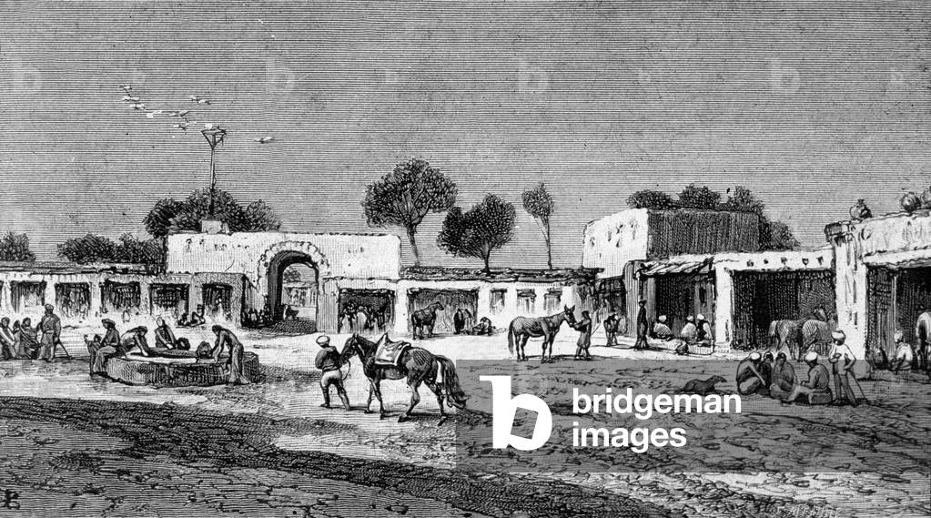 Caravanserai in Rawalpindi, Pakistan, 1880, engraving