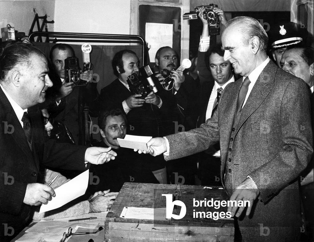Former Greek Prime Minister Constantin Caramanlis voting in the Presidential Elections in Greece on 8 December 1974 (Eventually the Greeks voted to abolish the monarchy and establish the republic.) - former Greek Prime Minister Constantine Karamanlis voting during Presidential elections in Greece December 08, 1974