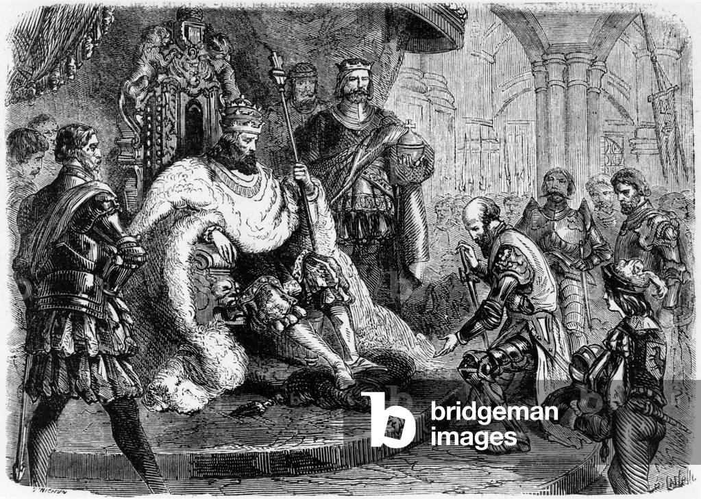 Albert, Duke of Prussia (1490-1568) Grand Master of the Teutonic Knights, paying tribute to Sigismund I the Old, engraving