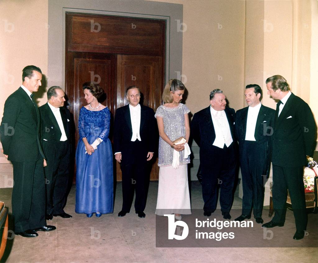King Baudouin 1st of Belgium, David Oistrakh, Queen Fabiola of Belgium, Yehudi Menuhin, Princess Paola, Andre Grommaire, prince Albert of Belgium in Brussels on July 21, 1967