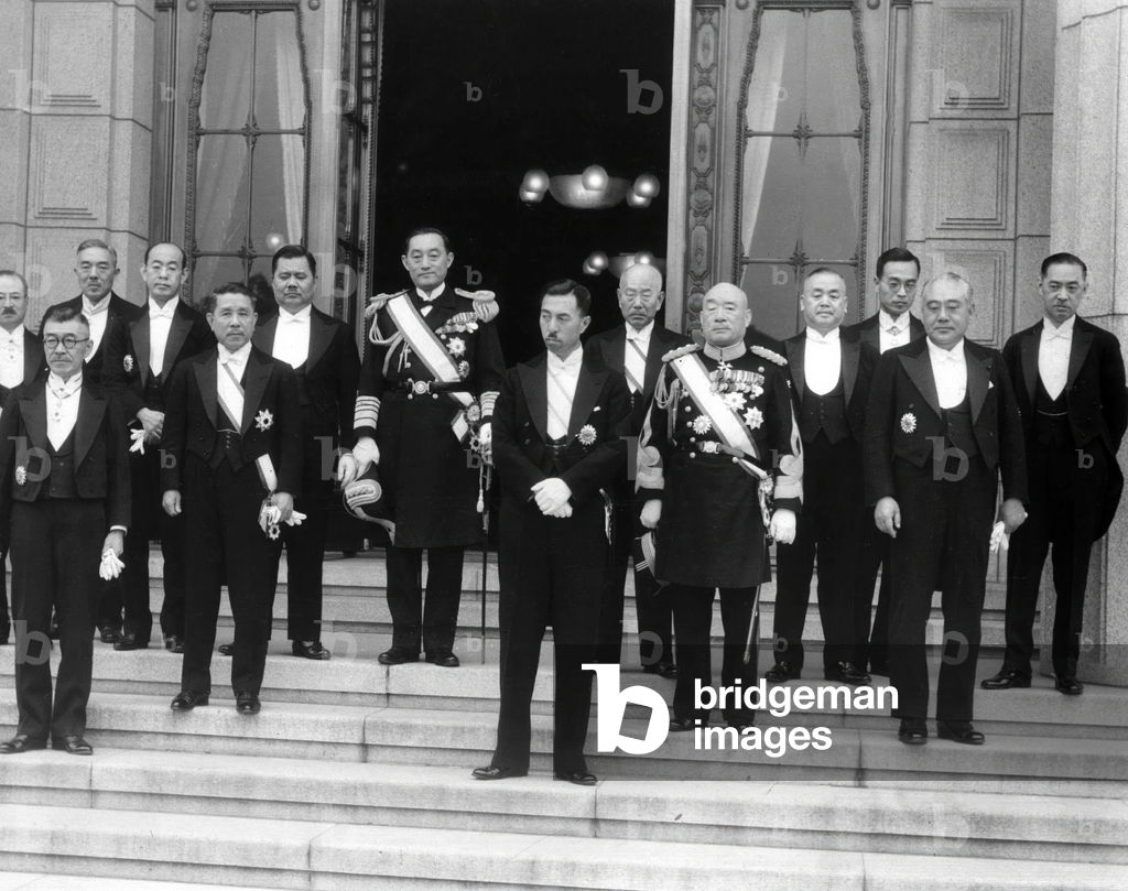 Japanese emperor Hiro Hito (1901-1989) here posing with japanese politicians c. 1945