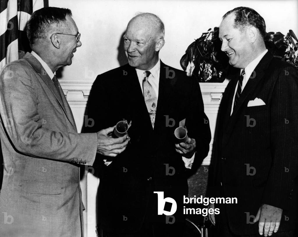 Hugh L. Dryden, Dwight Eisenhower and T. Keith Glennan on October 1st, 1958 at creation of NASA