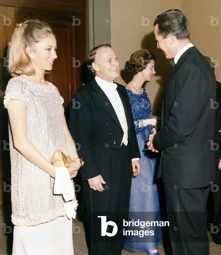 violinist Yehudi Menuhin congratulated by Albert prince of Liege (future King  Albert II of Belgium) and his wife Princess Paola (born Dona Paola Ruffo di Calabria, future Queen of Belgium), after concert given to the benefit of the QueenElizabeth musical foundation at the Fine Arts palace in Brussels July 21, 1967