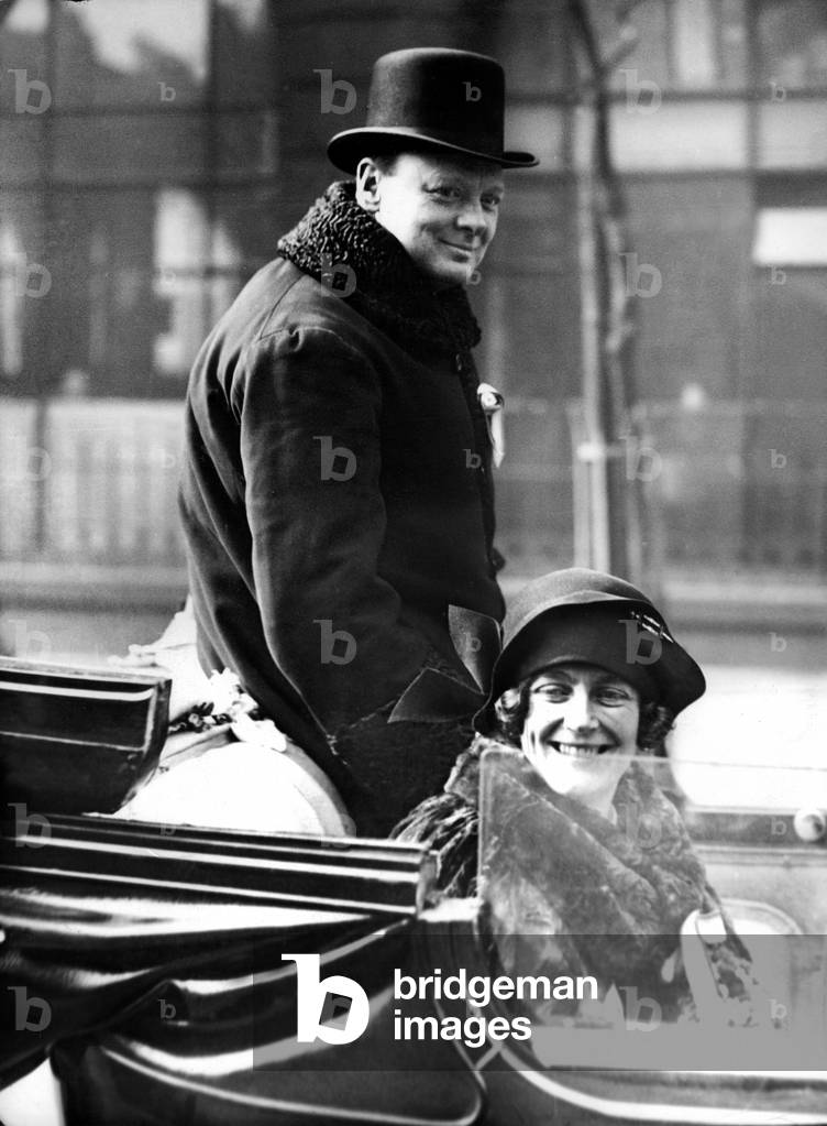 Winston Churchill with his wife Clementine Ogilvy Hozier during the Abbey Division Electoral Campaign, March 1924 (b/w photo)