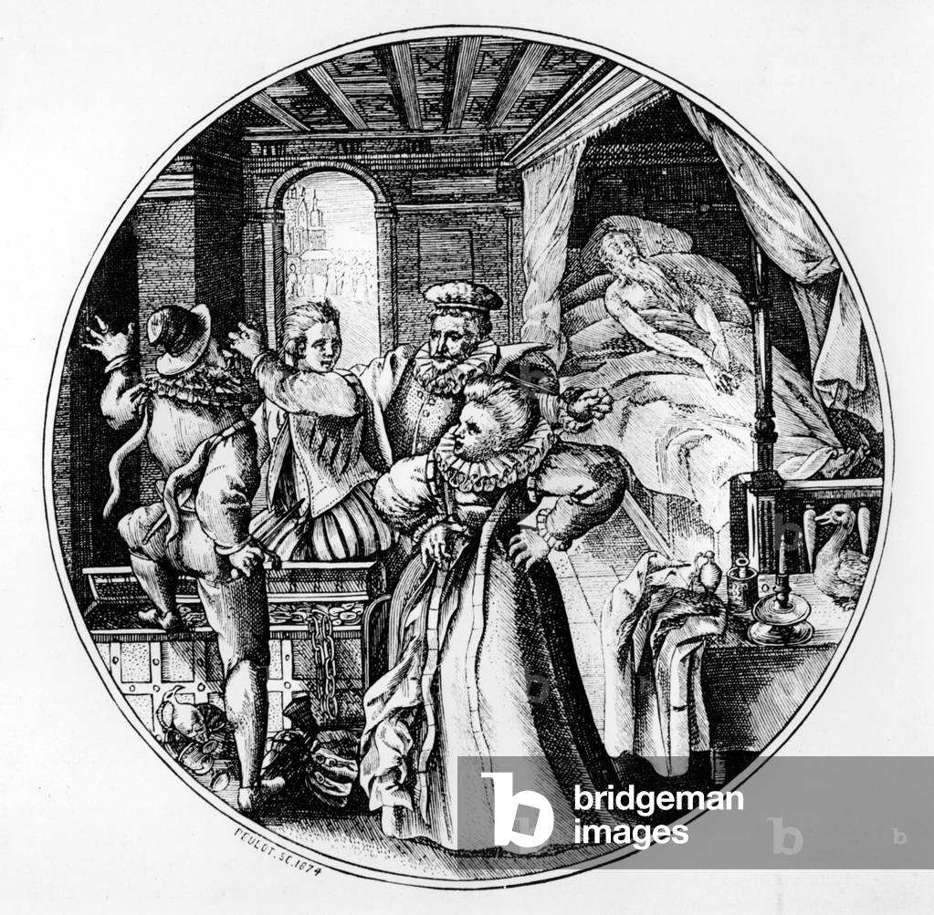 The ages of man : 100 years old : the old man is on his deathbed, his family is arguing about his heritage, engraving by Peulot (1874), after Crispin van de Passe (1564-1637)