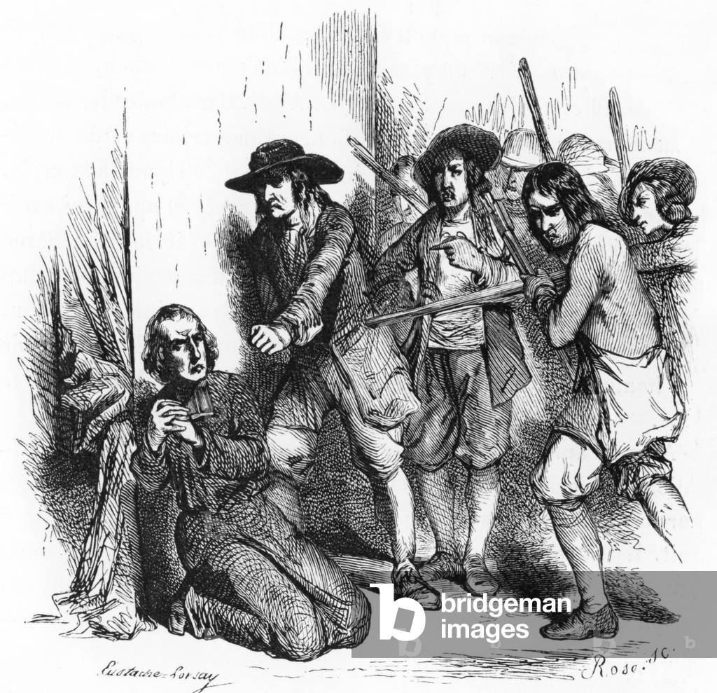 Edict of Nantes, 1598 : Protestants threatening a Jesuit, engraving after Eustache Lorsay