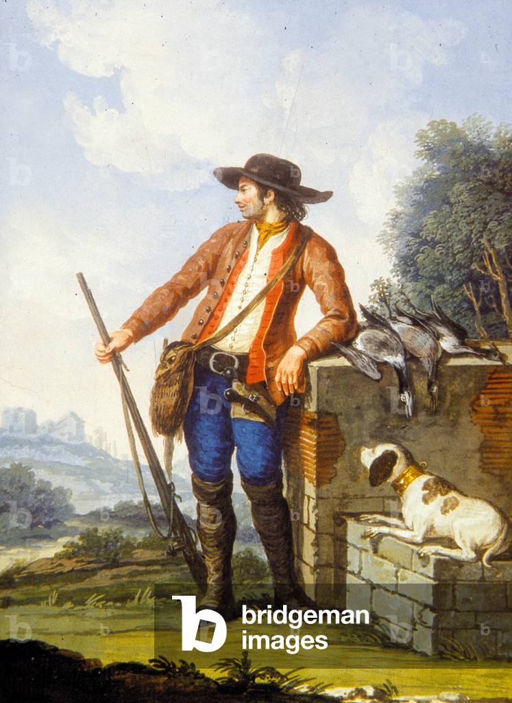 Hunter with riffle, dog and birds he killed, engraving, c. 1875