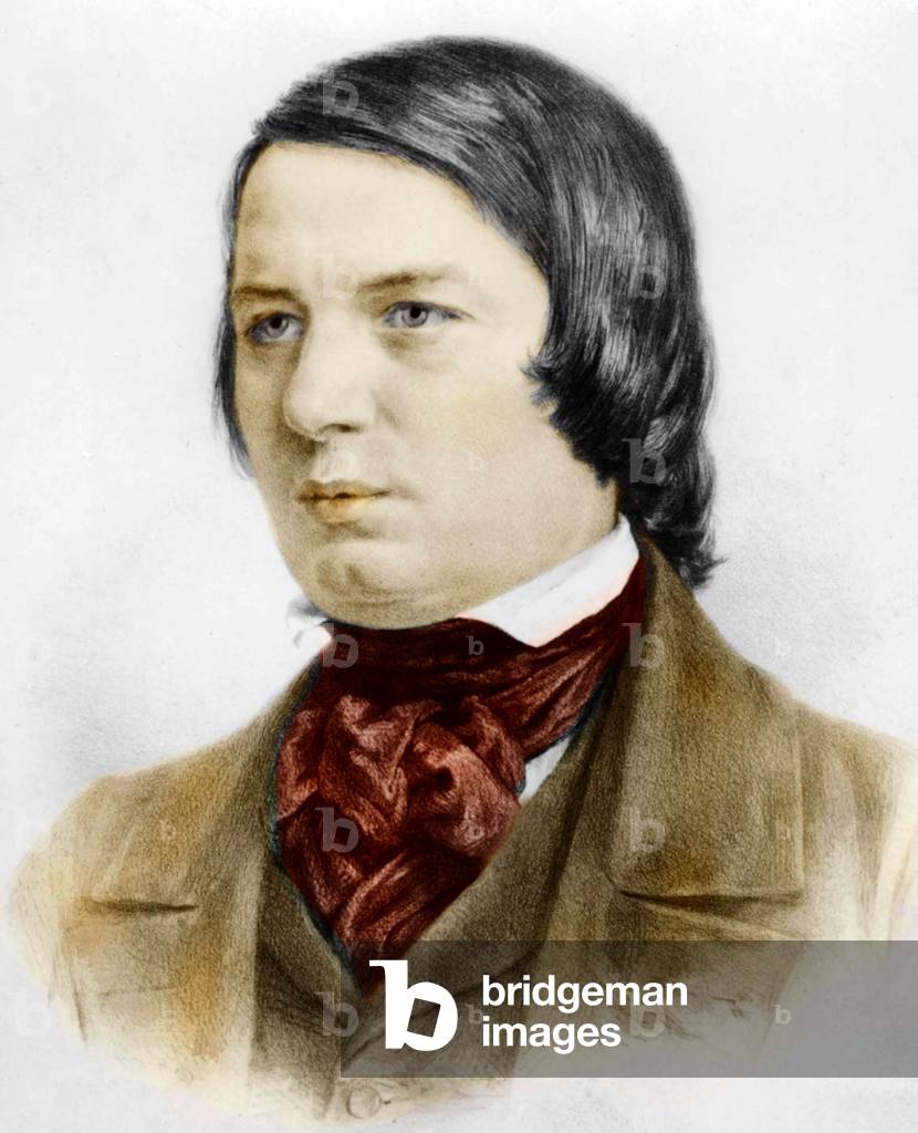 Robert Schumann (1810-1856) German romantic composer, engraving colourized document