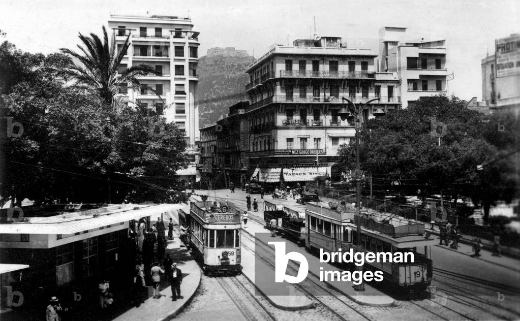 the Marechal Foch square and the streetcars station in Oran c.1950, postcard