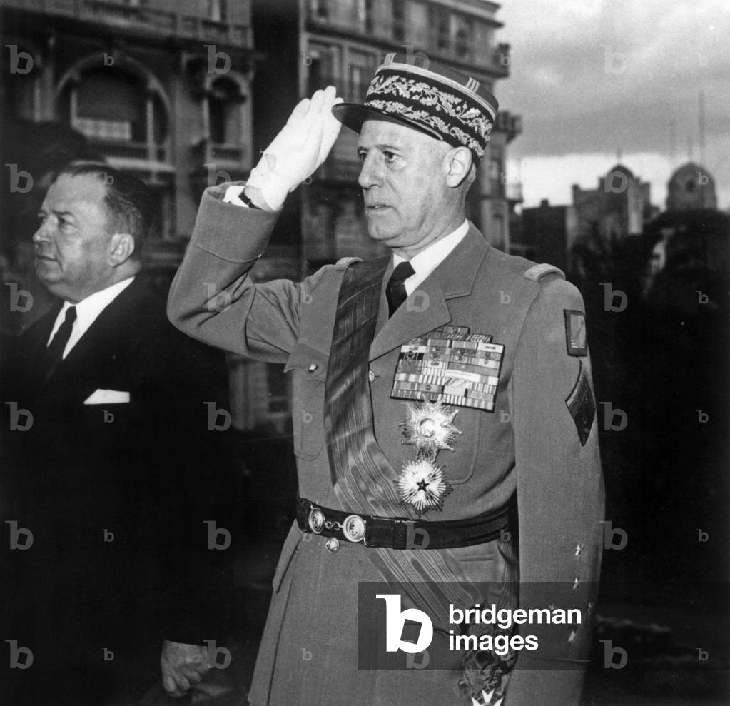 French resident minister Robert Lacoste and French officer General Salan during inauguration of his new position as major of French army in Algiers December 5, 1956 during the war in Algeria