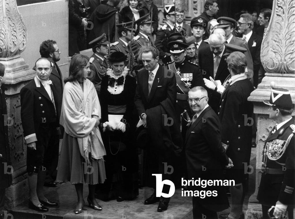 Wedding of Princess Marie Astrid of Luxembourg with archDuke Carl-Christian of Austria (Hasbourg) in Luxembourg on February 6, 1982 : infanta Elena of Spain, Princess Astrid of Belgium, prince Franz of Bavaria, Duke of Gloucester, Alix de Foresta (Princess Napoleon) and her husband prince Louis Napoleon