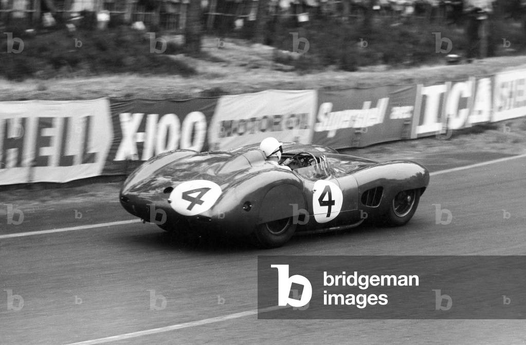 Stirling Moss in an Aston Martin DBR1, Le Mans 24 Hours, France, 1959. Moss and co-driver Jack Fairman's entry was the early leader of the race, but they were forced to pull out after 70 laps with engine trouble. The event was won by another Aston Martin driven by RoySalvadori and CarrollShelby