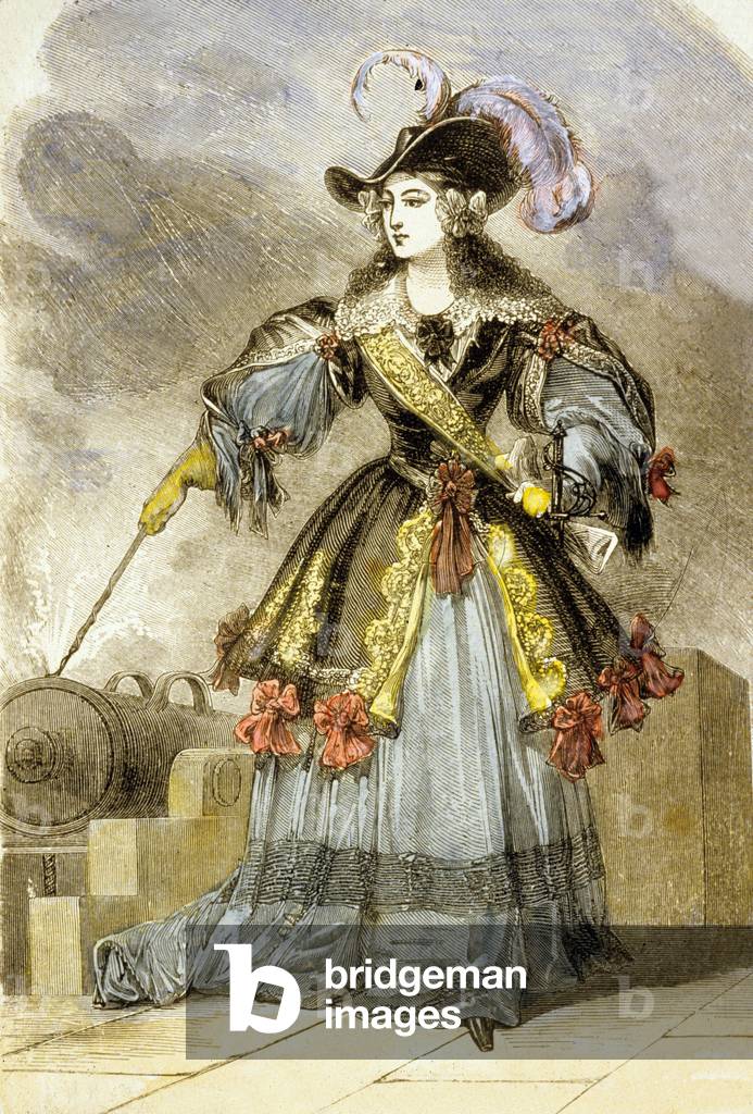Anne Marie Louise d'Orleans firing the guns of the Bastille (colour engraving)