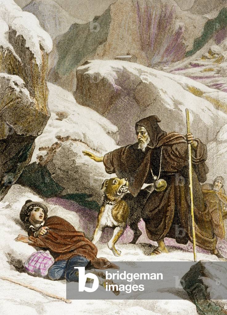 Monks of the Great St Bernard Pass resucing with their dog, for 