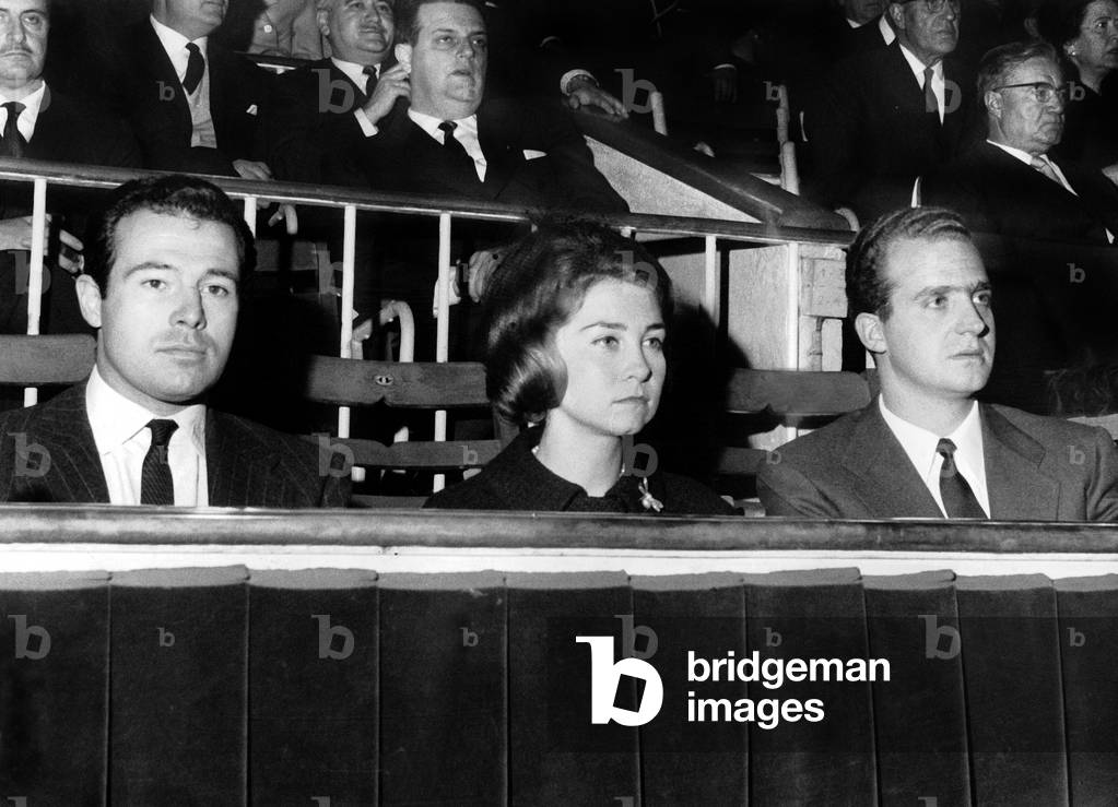 Alfonso, Duke of Anjou and Cadiz (l) with his cousin prince Juan Carlos of Spain (on r, future king) and Princess Sofia in Madrid, c. 1968