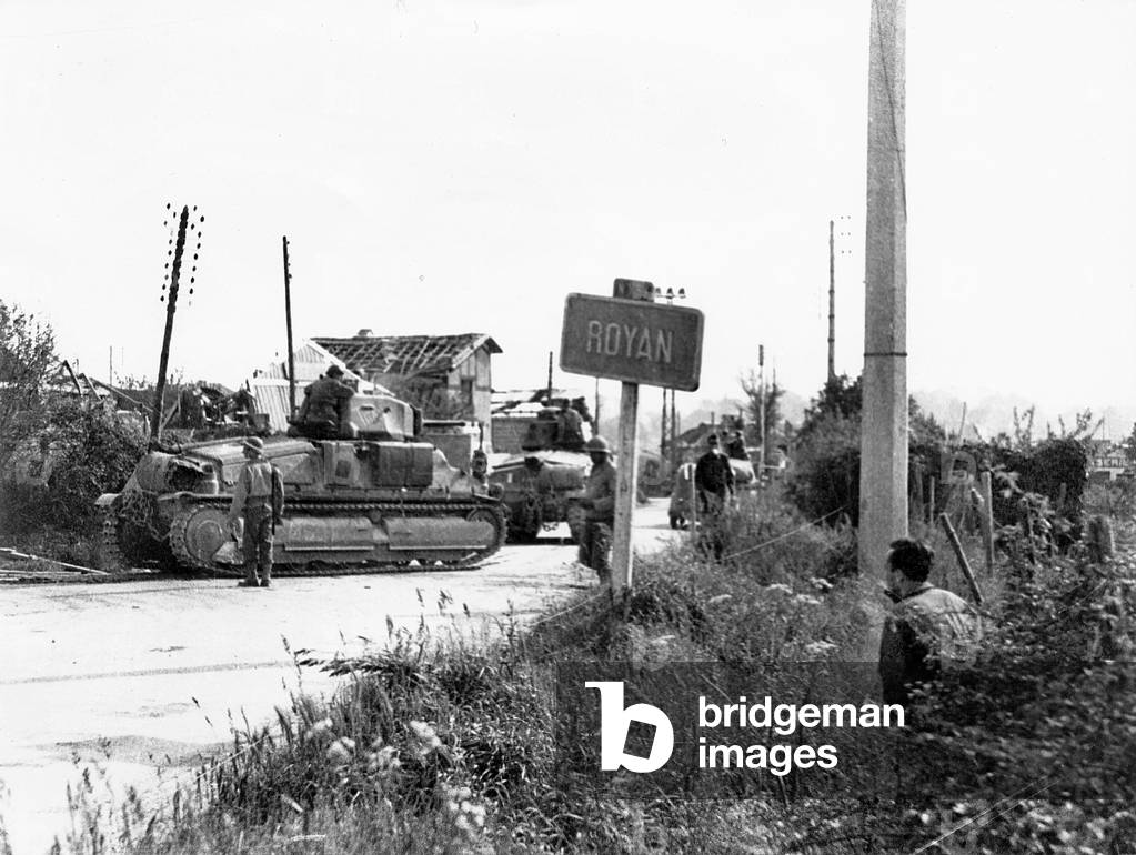 Two French tanks driven by the French West Forces in Royan (France) during the battles for the liberation of the city in January-April 1945 (tanks probably hidden during German-occupation contrary to the armistice-agreements) here c. April 1945