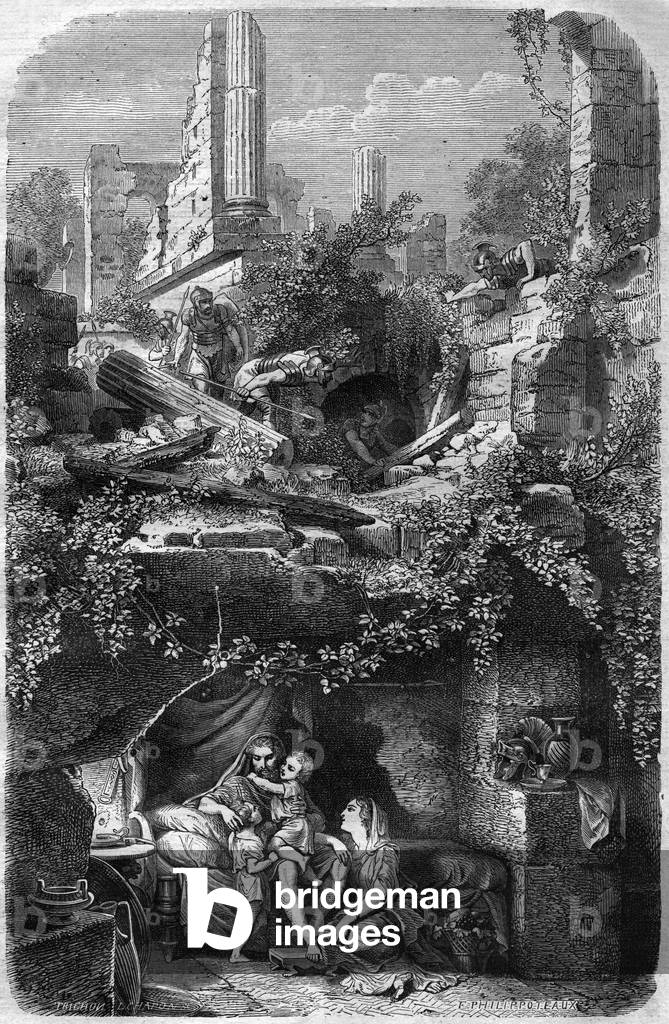 Julius Sabinus (?-78 AD) with his wife Epponina and their twin sons, hidden in a cave, engraving