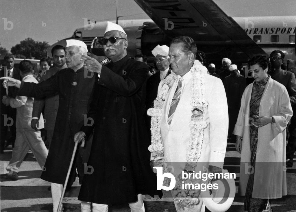 Josip Broz Tito, yugoslavian President, with his wife, arriving in New Delhi, India, welcomed by Dr Rajendra Prasad (Indian President) and Jawaharlal Nehru (Indian Prime Minister), January 19, 1959
