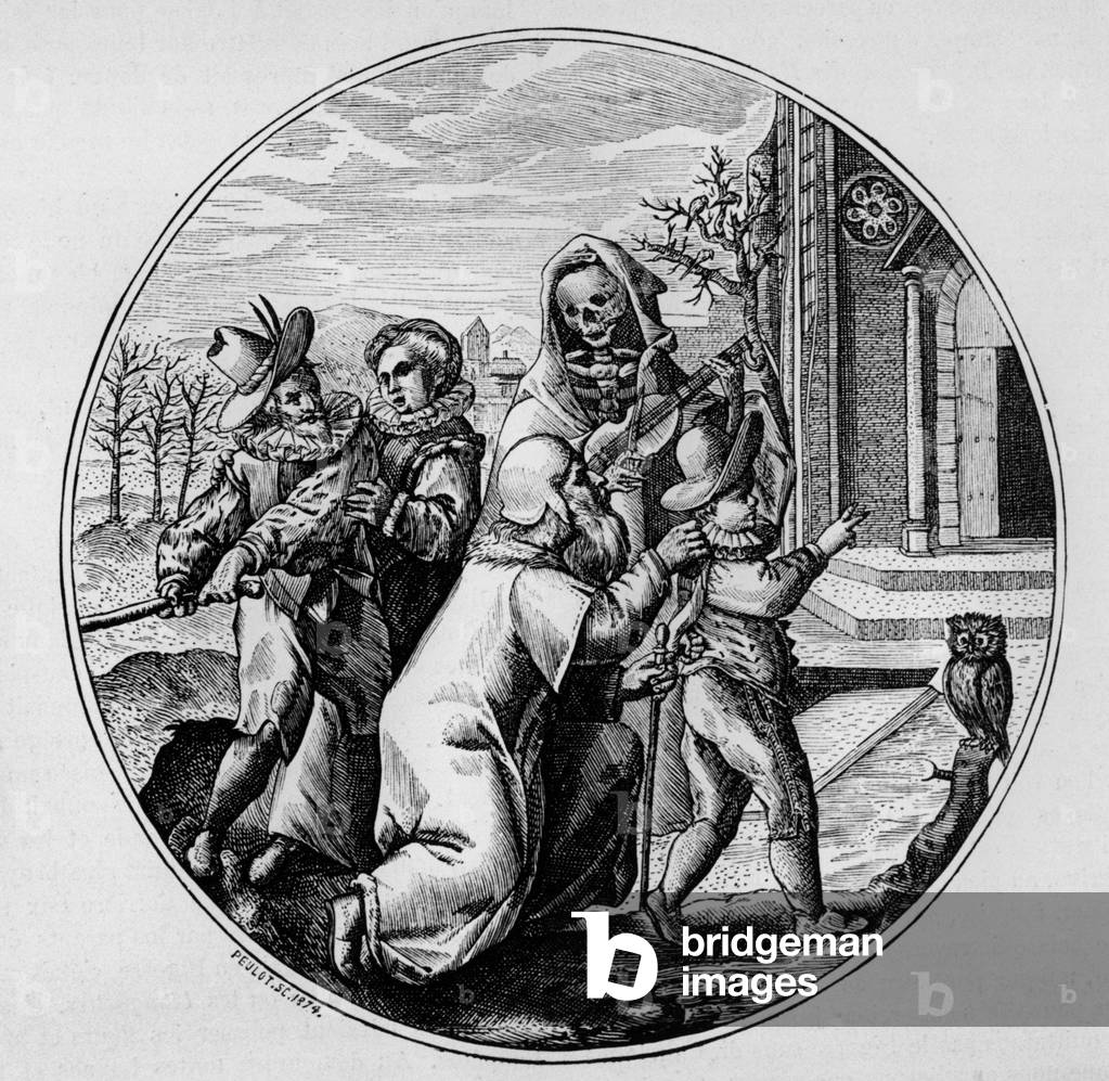 The ages of man : 90 years old : old man and the death, engraving by Peulot (1874), after Crispin van de Passe (1564-1637)