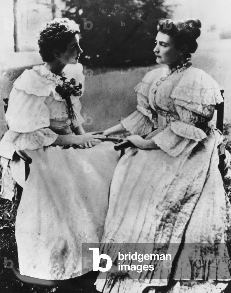 Helen Keller (l) and her teacher Anne Sulllivan Macy in an undated picture probably around 1900. Helen Keller (1880-1968) born blind deaf mute, thanks to her governess she overcame this handicaps, studied and created in1921 the American foundation for the blind