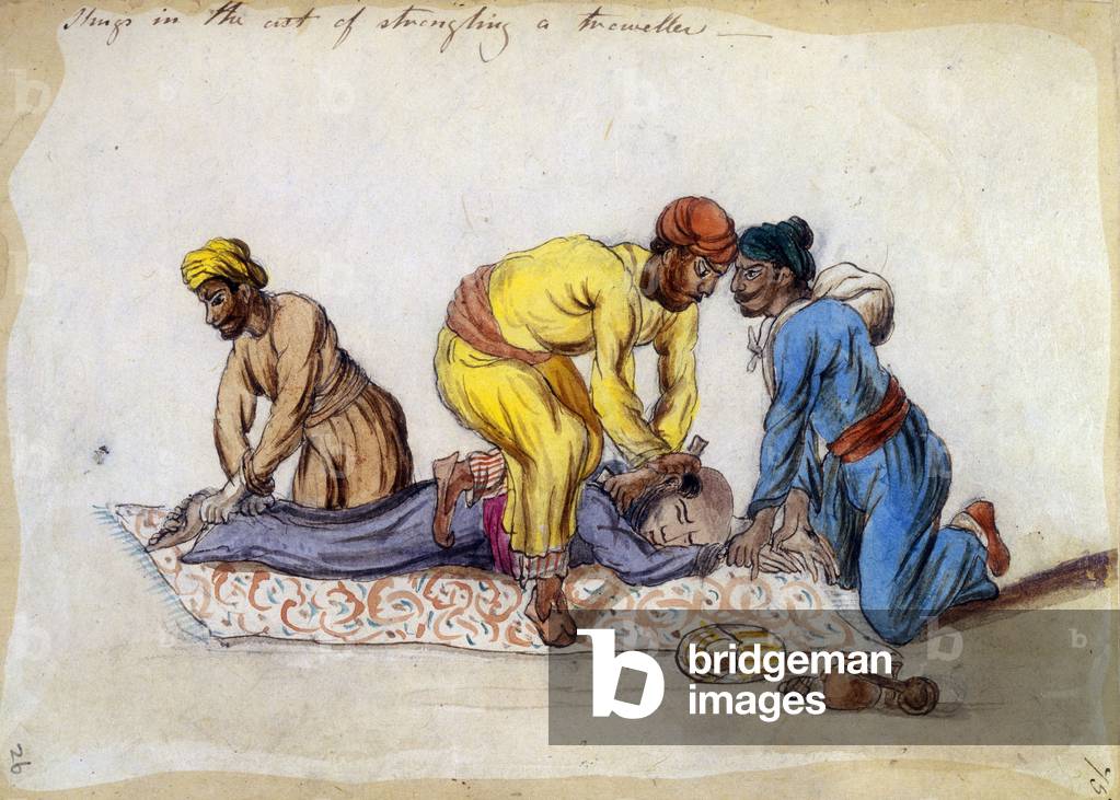 Thugs in the act of strangling a traveller, drawing by Frances Eden in 1838. Thugs are members of the sect of the worshippers and servitors of Kali goddess of death. British colonial authorities suppressed them around the 1830's-1840's