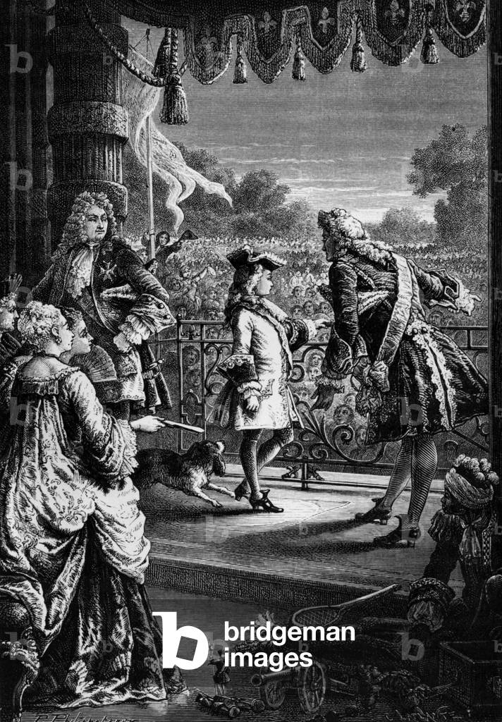 Francois de Neufville, Duke of Villeroy, and young French King  Louis XV, c. 1720, engraving