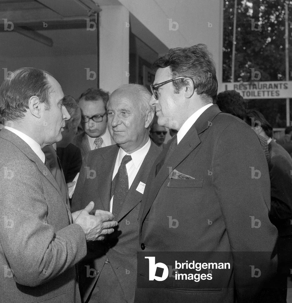 Francois Mitterrand with Gaston Deferre and Pierre Mauroy at socialist congress in Epinay June 11, 1971