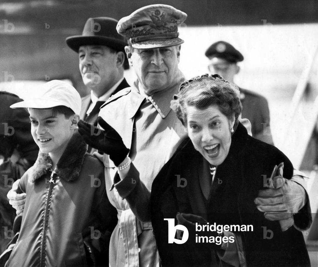 American General Douglas MacArthur with his wife, Jean, and son, Arthur. May 20, 1951