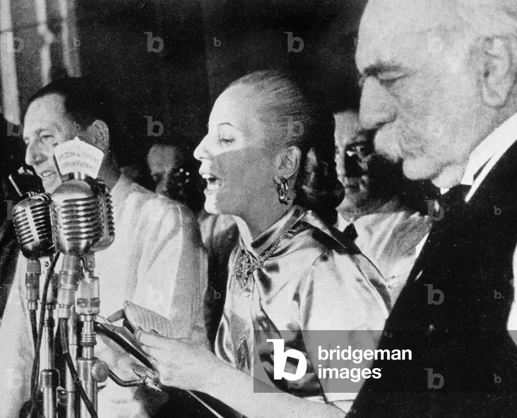 Eva Peron delivering a speech on the Plaza de Mayo, Buenos Aires, 1945 (b/w photo)