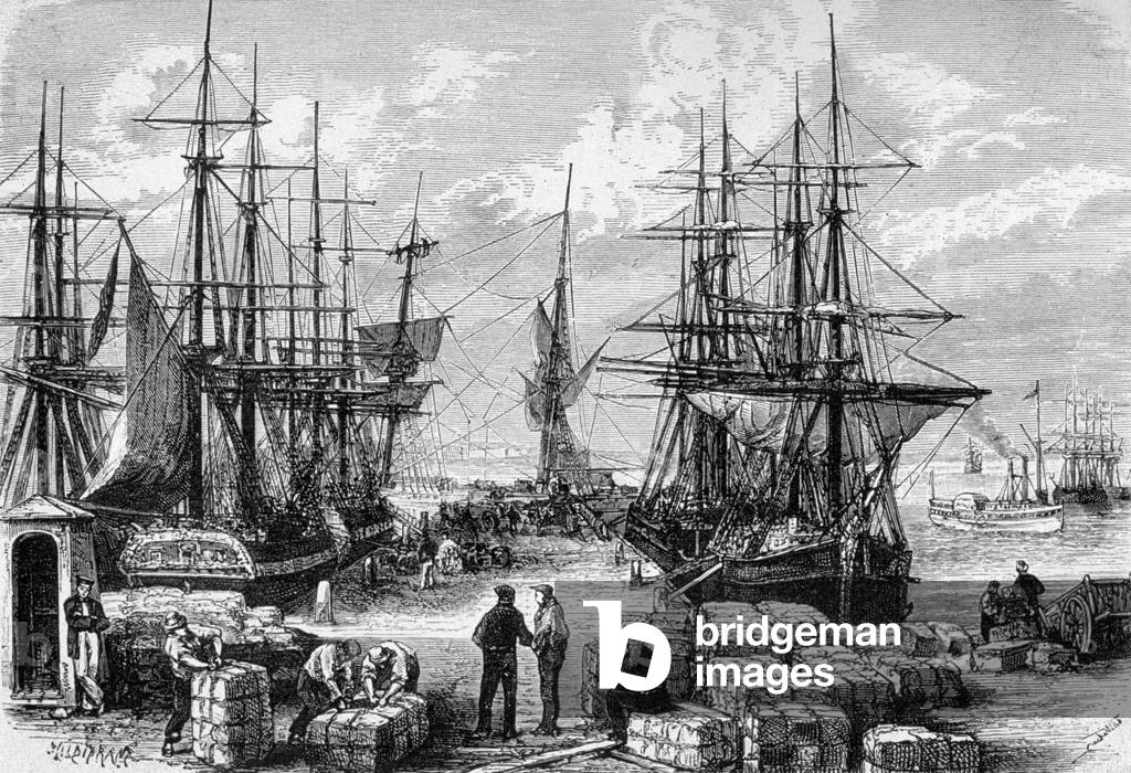 Sailboats in the harbour of Charleston, south Caroline, engraving, 19th century