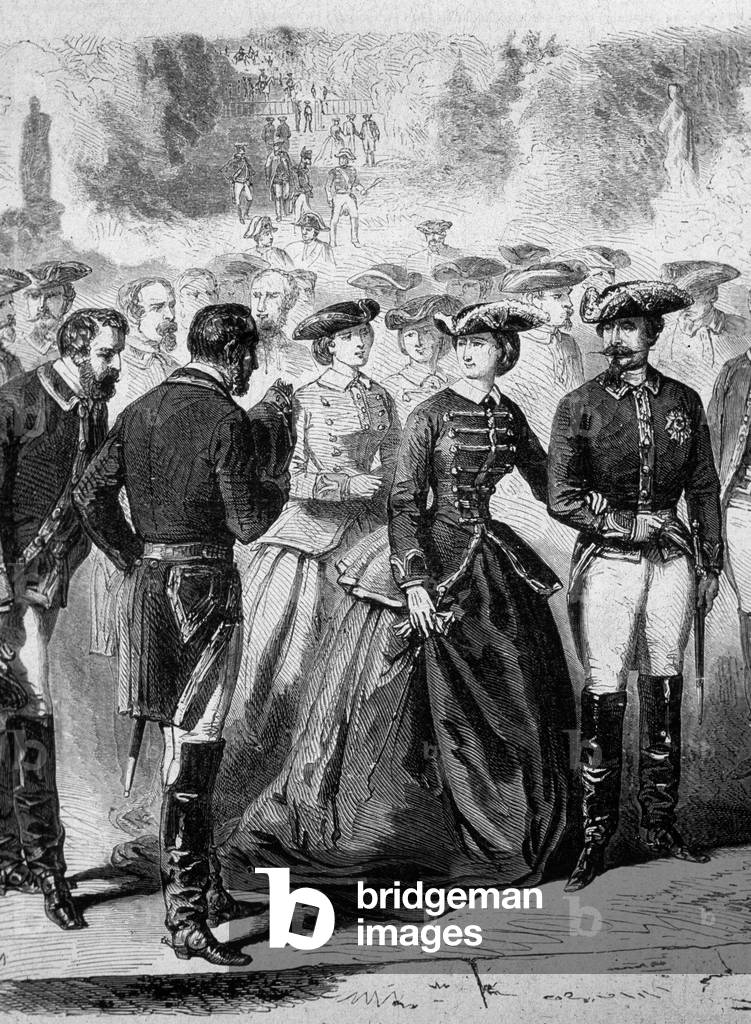 Napoleon III (1808-1873) French President (1848-1870) and also emperor of the French (1852-1870) with his wife empress Eugenia (1826-1920, born Eugenia Maria de Montijo de Guzman) in Compiegne, engraving