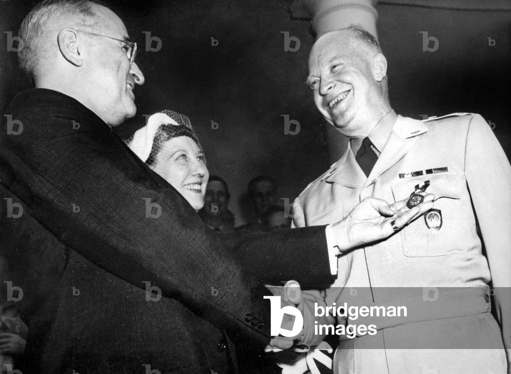 American President Harry Truman receiving Dwight Ike Eisenhower and his wife Marie Geneva Eisenhower (aka Mamie) at the White House, Washington June 04, 1952