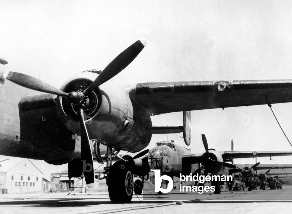 Bombers B25 line up for final inspection before taking off in England 1943
