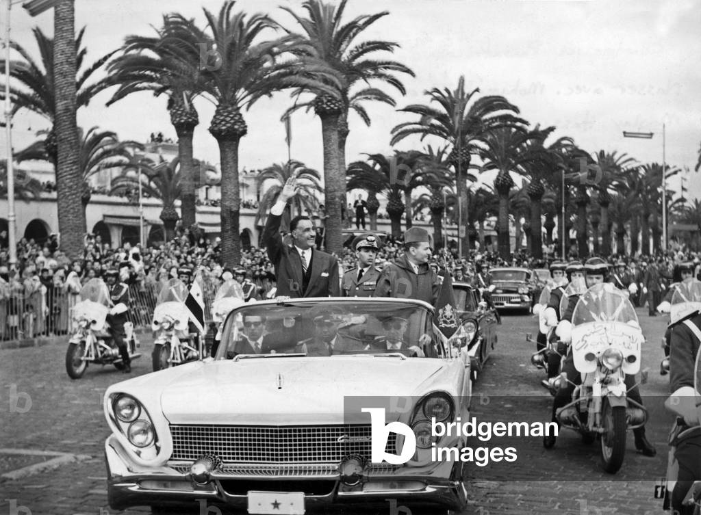 Egyptian President Gamal Abdel Nasser with King  Mohamed V of Morocco and his son Moulay Hassan (future King  Hassan II) in Casablanca January 4, 1961
