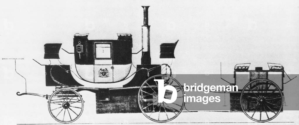 Scott Russell steam stagecoach in 1834, engraving