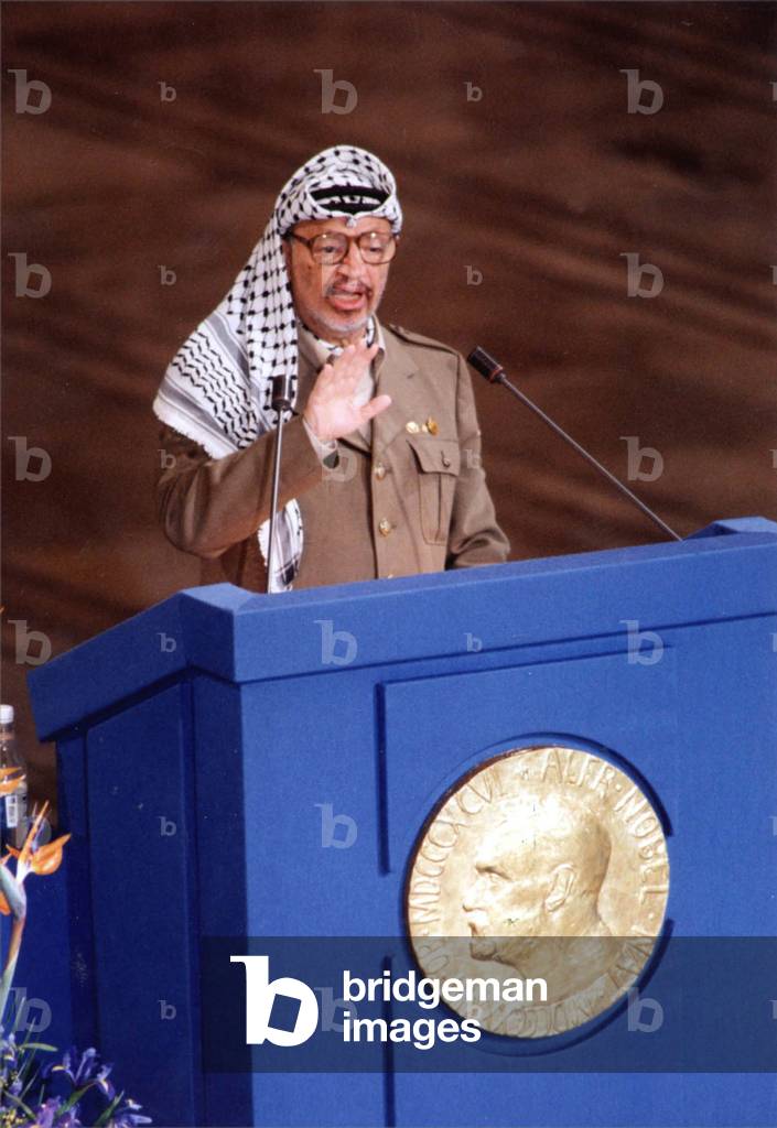 Yasser Arafat (b.1929) palestinian leader of the POL presents a speech after received with the Israeli states men ShimonPeres and YithzakRabin, the Nobel of the peace, in Oslo, in Norway, on December 10th, 1994