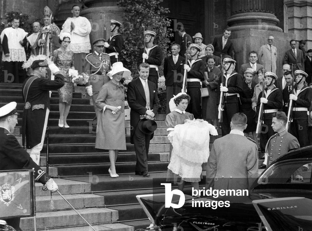 Christening of prince Philip of Belgium in Brussels on May 17, 1960 : the baby prince Philip followed by his parents prince Albert of Belgium (future King  Albert II) and Princess Paola, Lilian de Rethy (Lilian Baels), upstairs : Leon-Joseph Suenens, archbishop of Malines