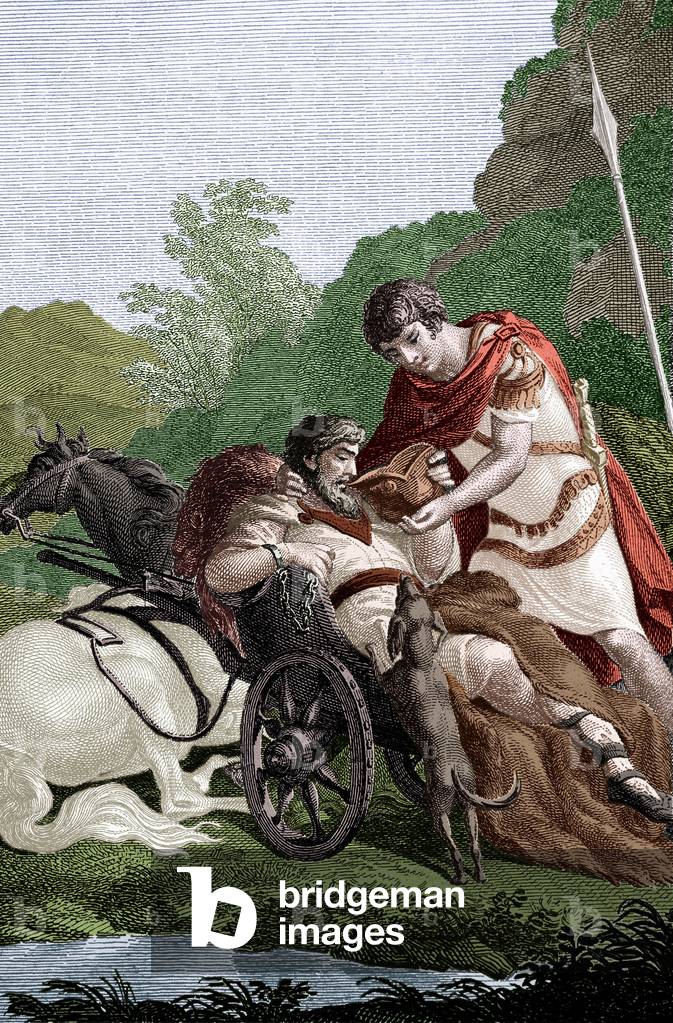 Alexander the Great discovering the body of Darius, King of Persia, murdered by his Satrap, Bessus, in 330 BC, engraving