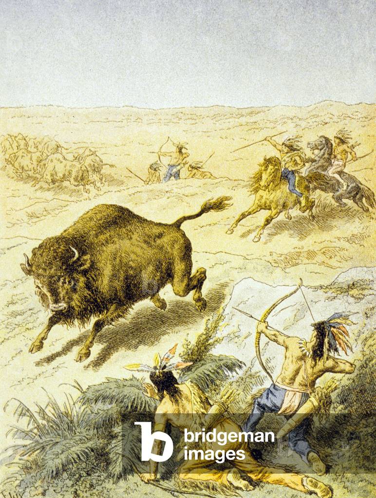 North American Indians hunting bison engraving 19th century