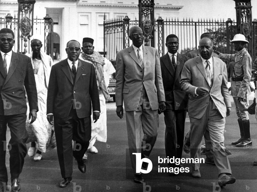 After the coup in Senegal from left to right Mr Camara (private secretary of Lamine Gueye), Lamine Gueye, Lamine Diagne (head of cabinet D Arboussier former minister in Dakar on 17 December 1962
