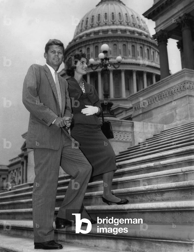 Senator JFK is shown with his wife as he returned to his office at the Capitol in Washington on May 23 1955, after a long illness after the back operation in 1954 after his injuries during second world war